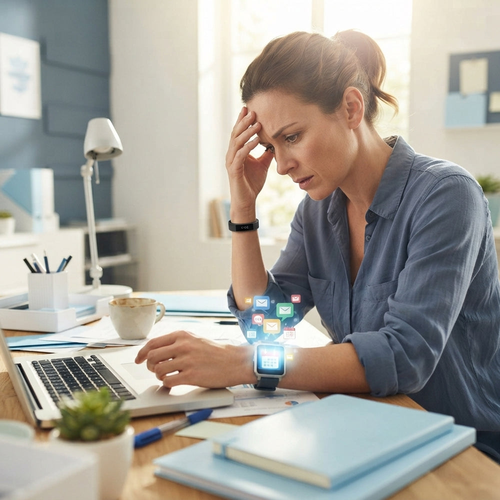 A professional at a cluttered desk feeling overwhelmed by a bulky, glowing smartwatch on their wrist in a modern office.