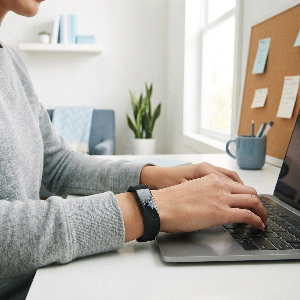 A person wearing a slim activity tracker on their wrist while working on a laptop in a bright, modern home office.
